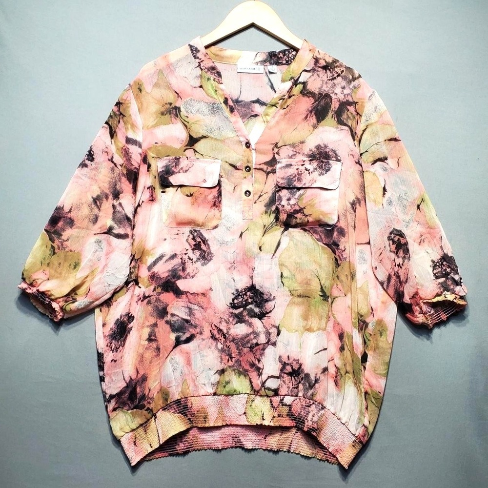Susan Graver Floral Chiffon Tunic Top Womens 1X Pink Boho Sheer Balloon Sleeve